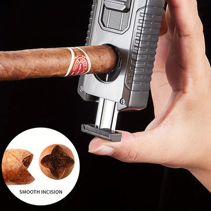 Three-Jet Refillable Butane Lighter with Fuel Window, Cigar Cutter, Punch and Needle Tools