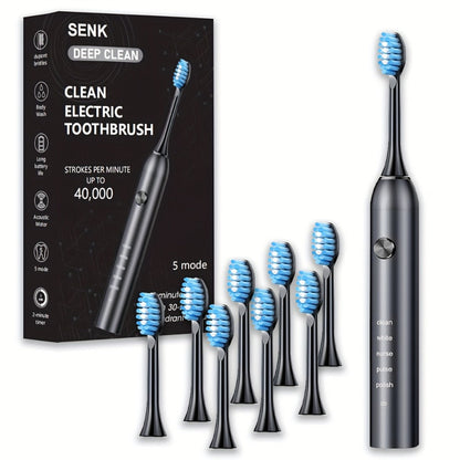 Electric Toothbrush with Five Modes, 40,000 Vibrations per Minute, Type-C Charging and Four or Eight Heads
