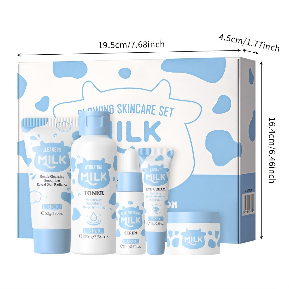 Skincare Set with LAIKOU Label, 5 Milk Niacinamide Alpha-Arbutin Items with Cleanser Toner Serum and Creams