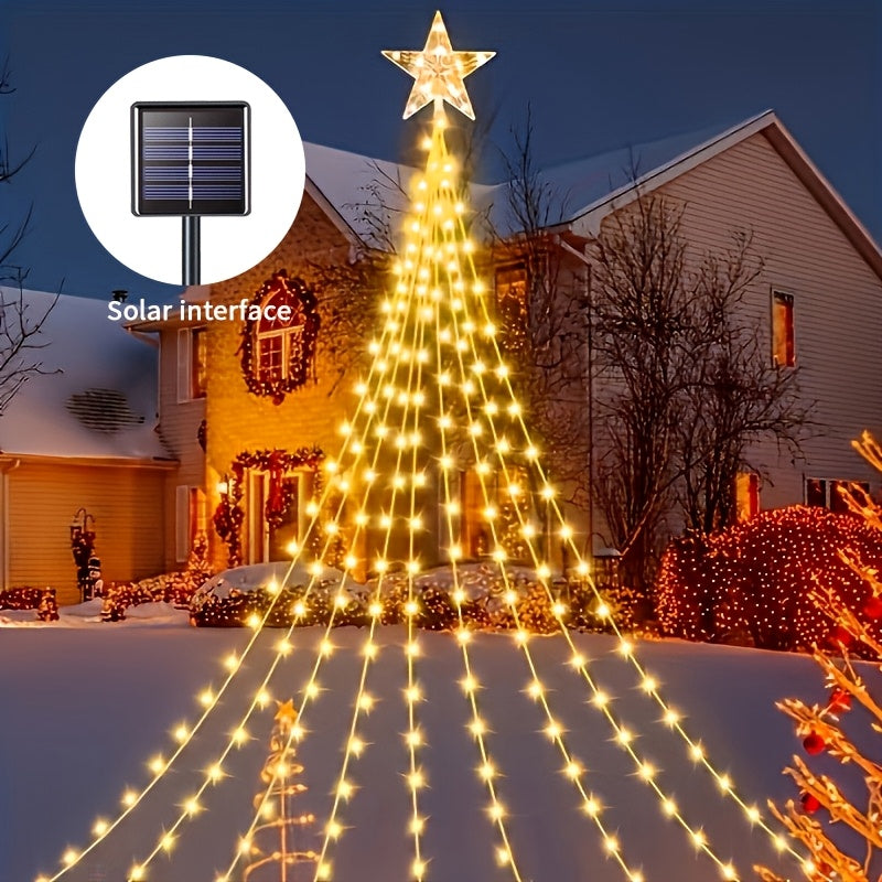 Christmas Tree Waterfall Fairy Lights 200 LED with Star Top Decoration, 8 Lighting Modes — Battery, Solar & USB Powered Indoor Outdoor Colorful Cascading Holiday Light Strip