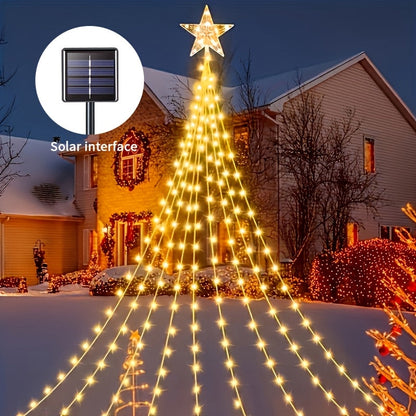Christmas Tree Waterfall Fairy Lights 200 LED with Star Top Decoration, 8 Lighting Modes — Battery, Solar & USB Powered Indoor Outdoor Colorful Cascading Holiday Light Strip