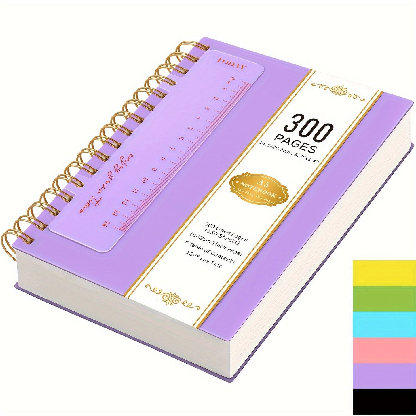 A5 Hardcover Spiral Notebook with 300 Lined Pages, 100 GSM Paper and Six Color Cover Options