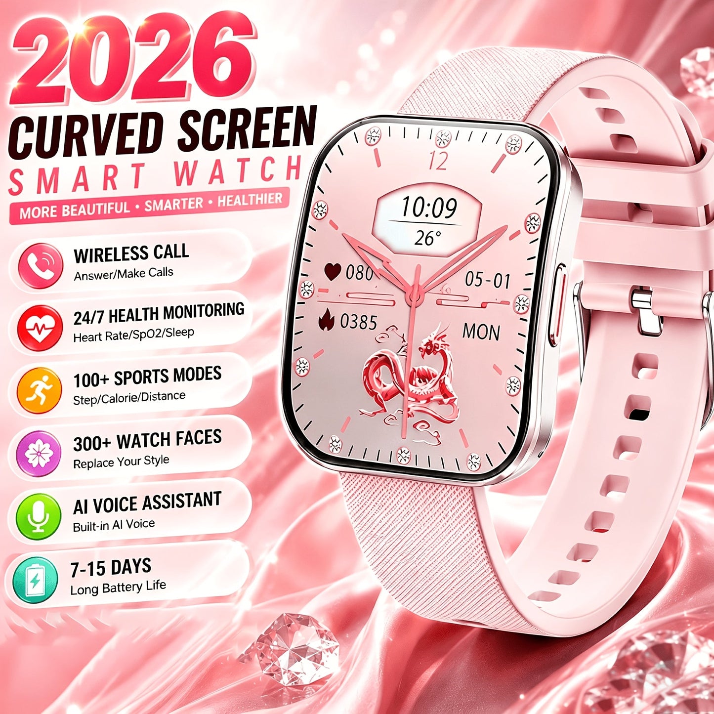 Curved Screen Smartwatch 1.85 Inch Full Touch Calling Messaging Music Camera Control Fitness Tracker Heart Rate Sleep Multiple Sport Modes Android iPhone Compatible Women Men Outdoor Lighting Version Black Pink