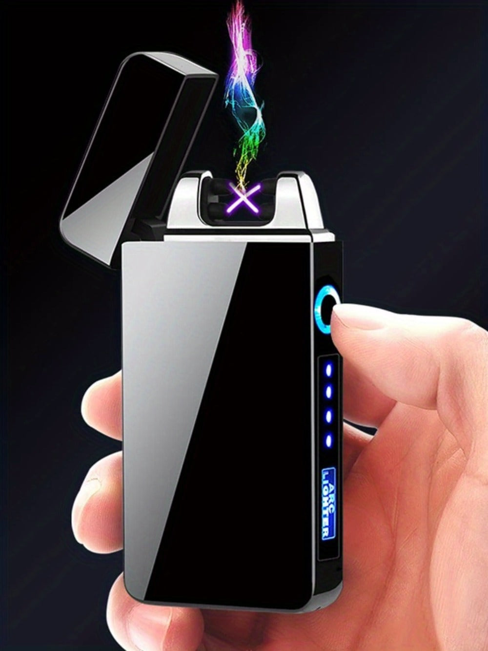 Flip-Top Dual-Arc Electric Lighter with Power Display in Three Black and Blue Color Options