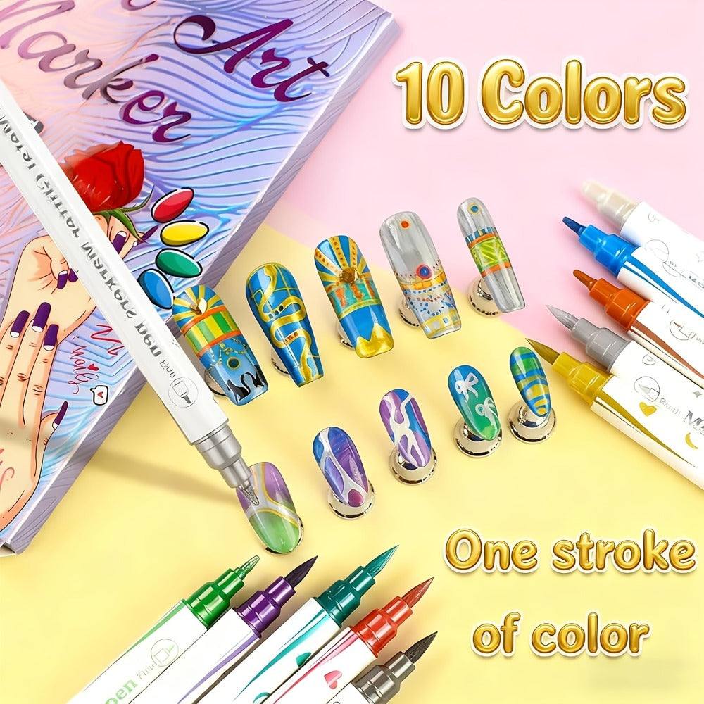 3D Nail Art Pens 10 Colors Double Ended Metallic Acrylic Paint Set – Quick Dry Fine Liner & Dotting Tip Graffiti Drawing Nail Marker for Salon & DIY Home Nail Design, Raised Effect
