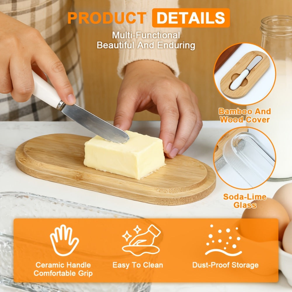280 ml Ribbed Glass Butter Dish with Bamboo Lid, White-Handle Knife and Stripe-Pattern Checkout Option