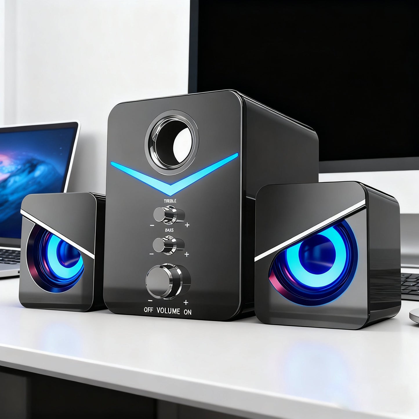 3-Piece Desktop Speaker System with Subwoofer | USB Powered PC Speakers, 3.5mm Audio Jack, Independent Bass & Treble Control, Blue LED Light – Stereo Sound for PC, Laptop, Mac & Home Office