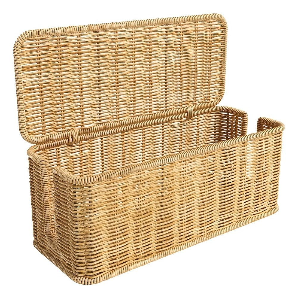 Woven Rattan-Look Cable Management Box with Hinged Lid and Pictured 34.1 cm Exterior Length