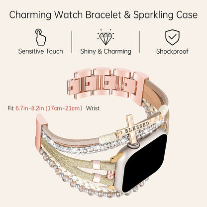 Boho Apple Watch Band 2-in-1 Bracelet & Protective Case for Women, Handmade Multilayer Wrap Strap with Glitter Bumper, Fits Apple Watch 38/40/41/42/44/45mm Series 9 8 7 6 5 4 3 2 1 SE – Sky Blue Pink Gold