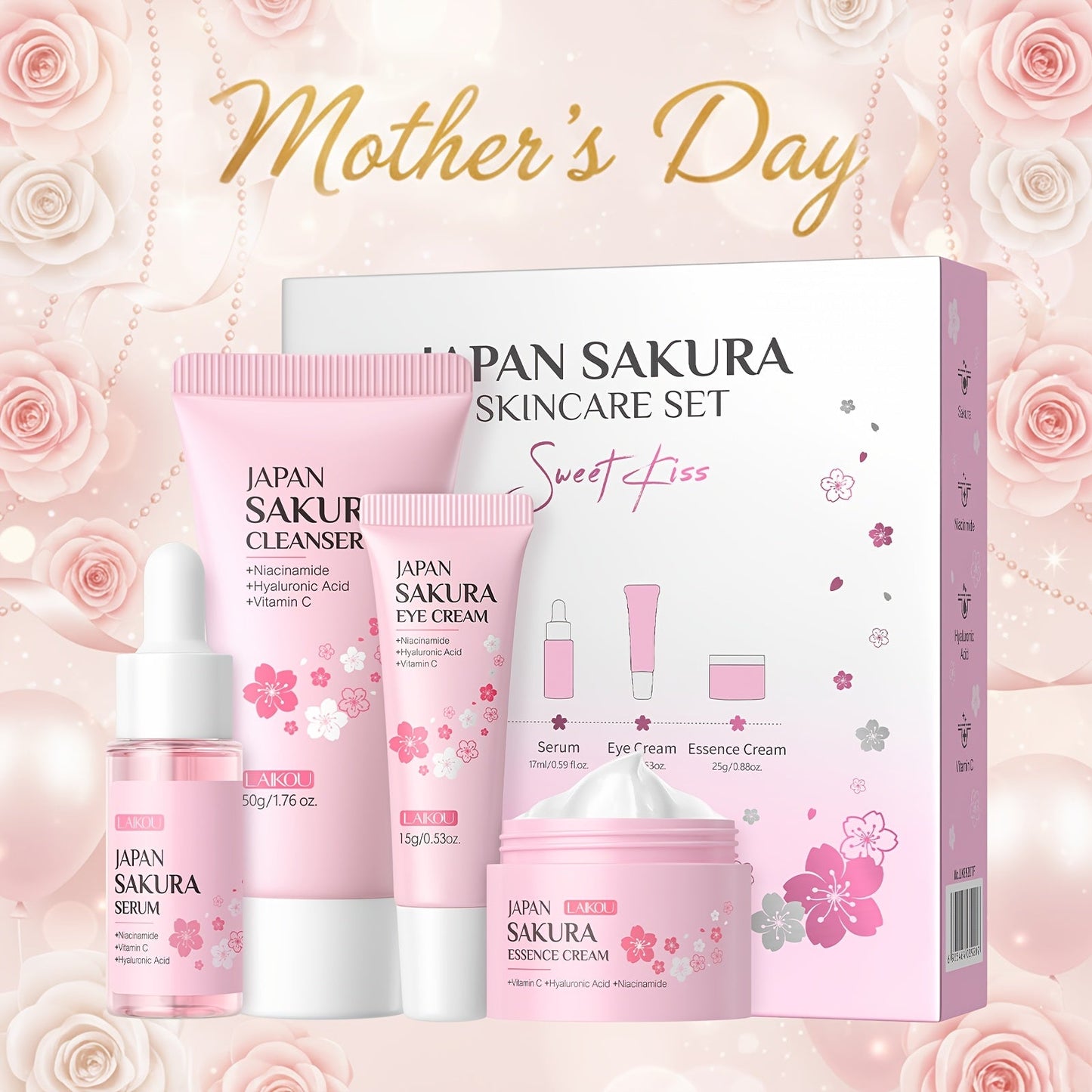 4-Piece Sakura Skincare Gift Set with Cleanser, Serum, Essence Cream and Eye Cream in Coordinated Pink Packaging