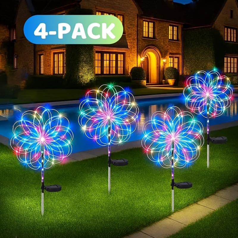 Solar Garden Lights 4-Pack Firework Stakes with 8 Modes in Warm White or Multicolor and Hanging Option