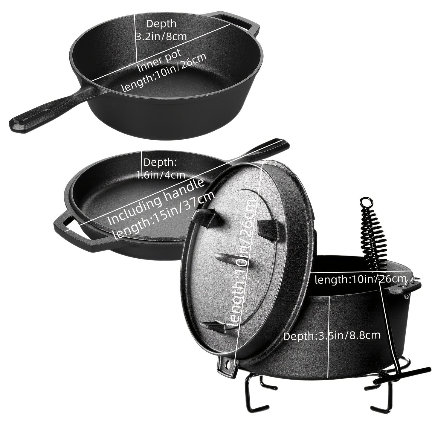 Cast Iron Cookware Collection with Eight Skillet, Dutch Pot, Griddle, Baking Tray and Set Configurations