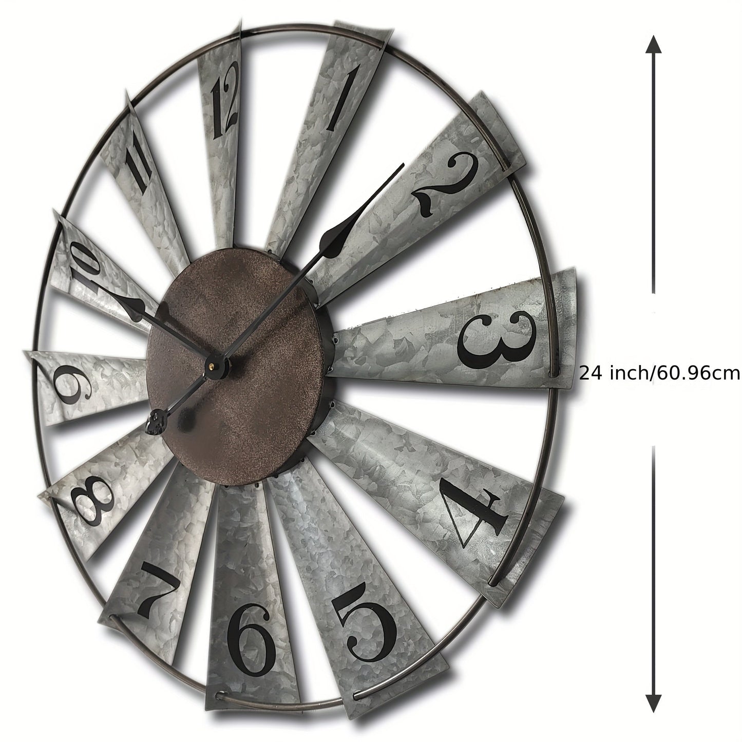 24 Inch Farmhouse Wall Clock Large Vintage Metal Windmill Blade Galvanized Analog Clock Battery Operated Silent for Living Room Kitchen Bedroom Porch