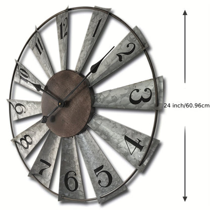 24 Inch Farmhouse Wall Clock Large Vintage Metal Windmill Blade Galvanized Analog Clock Battery Operated Silent for Living Room Kitchen Bedroom Porch
