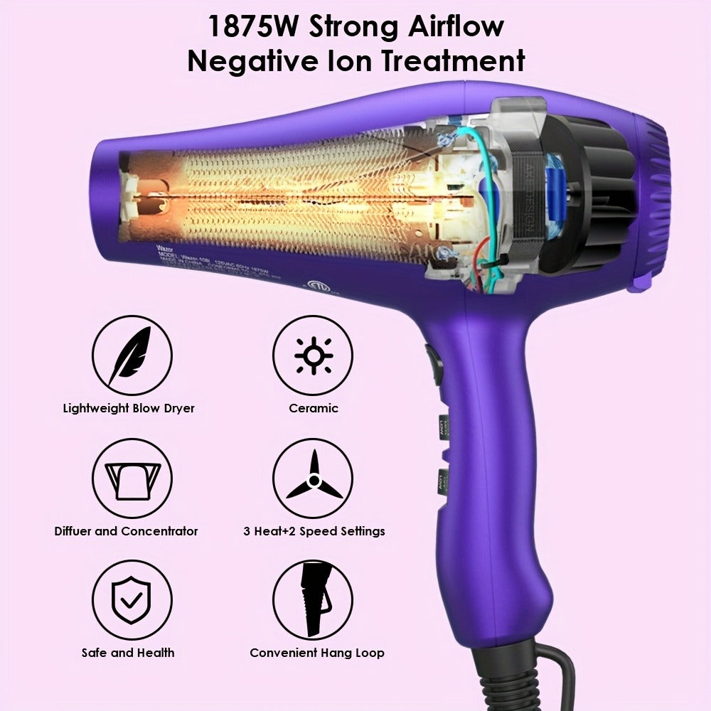 Purple WAZOR 1875W Hair Dryer with Three Heat Settings, Two Speeds, Cool Shot and Three Styling Attachments