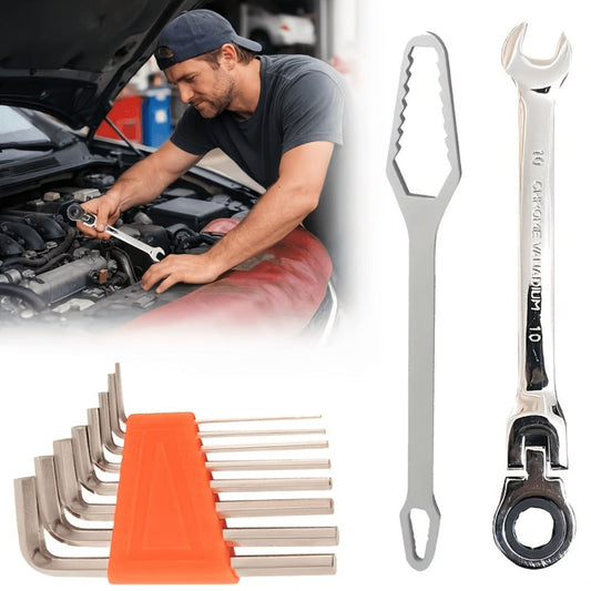 Wrench Set 10-Piece Multi-Function – 8 Hex Wrenches, Flare Wrench & 10mm Ratchet Wrench, Chrome Vanadium Steel, 180° Rotating Double-Ended 72-Tooth Precision Gear Design