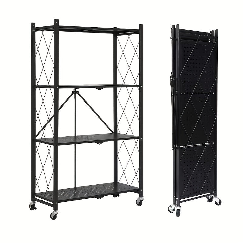 Three-to-Five-Tier Folding Storage Rack with Metal Shelves, Caster Wheels and Black or White Finish