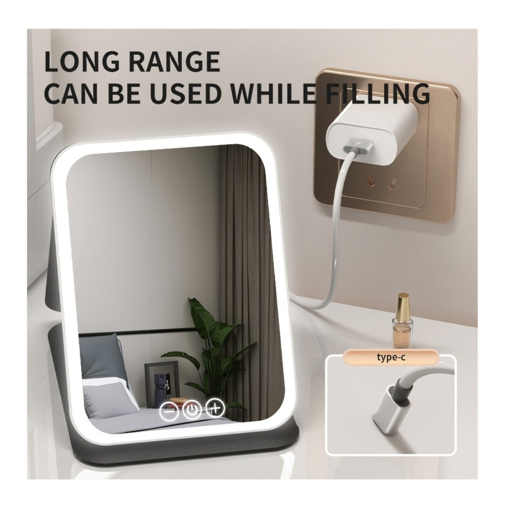 Makeup Mirror Foldable LED Travel Stand with Three Light Colors, Touch Dimming, USB Charging and Pink or White Options
