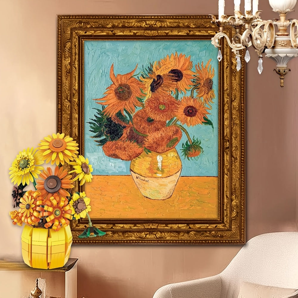 Sunflower Bouquet Building Blocks Set with 1009-Piece Checkout Label, Adjustable Petals and Yellow Vase Display