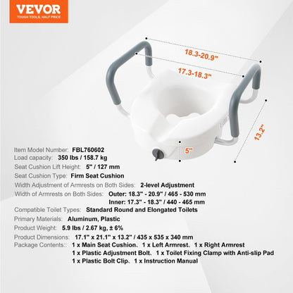 Raised Toilet Seat with Arms for Seniors & Elderly - 5 Inch Elevated Toilet Seat, 350 lbs Capacity, Twist Lock, Adjustable Armrests with Padding, Fits Round & Elongated Toilets