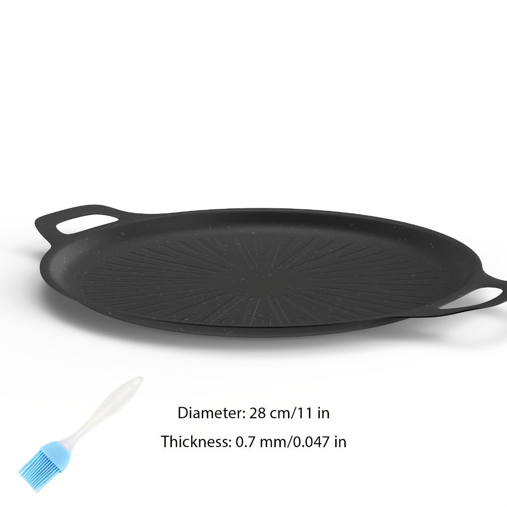 BBQ Griddle Pan Non-Stick with Oil Drain Groove & Double Handles – Multi-Function Grill Frying Pan with Oil Brush for Outdoor BBQ Family Gatherings Indoor Stovetop Cooking | Easy Clean Cookware