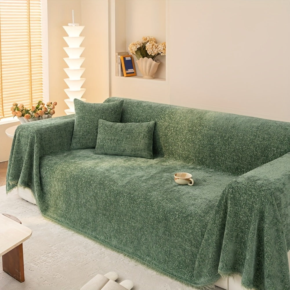 Sofa Cover 300 GSM Solid Chenille Throw with Fringe in Four Colors and Sizes from Single Seat to 71 x 150 Inches