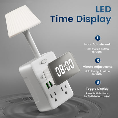 Power Strip 9-in-1 Desktop Station with LED Lamp, Digital Clock, 4 AC Outlets, 3 USB-A and 2 USB-C Ports