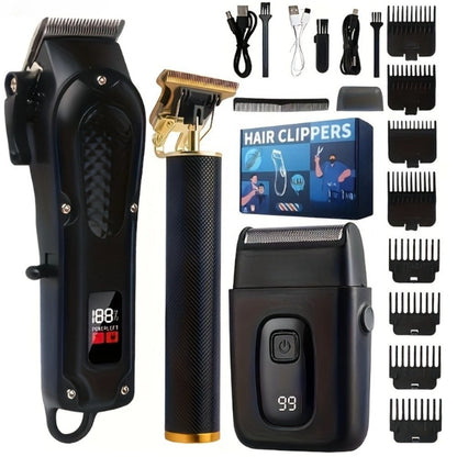 Transparent-Shell Hair Clipper with Digital Display, Six Single-Clipper Colors or Black Three-Piece Grooming Kit