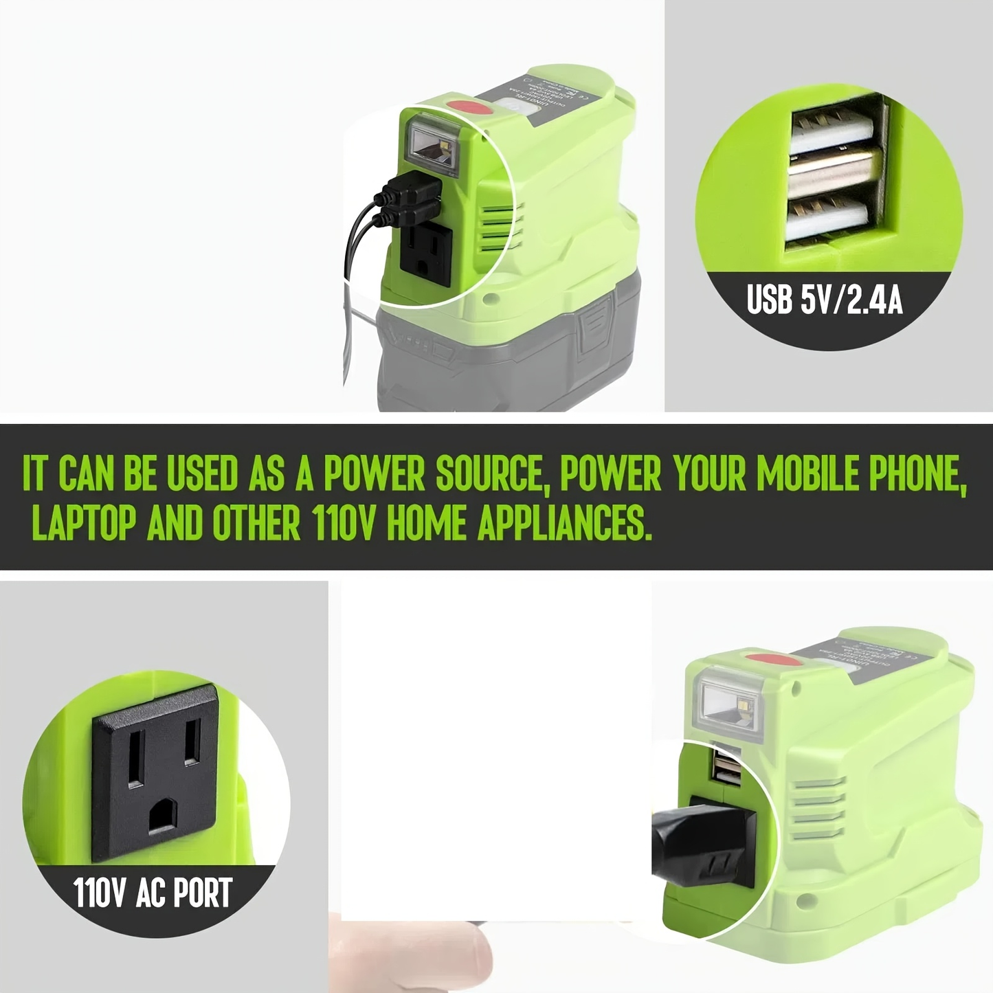 150W Power Inverter Adapter for RYOBI-Style 18V Battery Interface with AC Outlet, Dual USB and LED Light