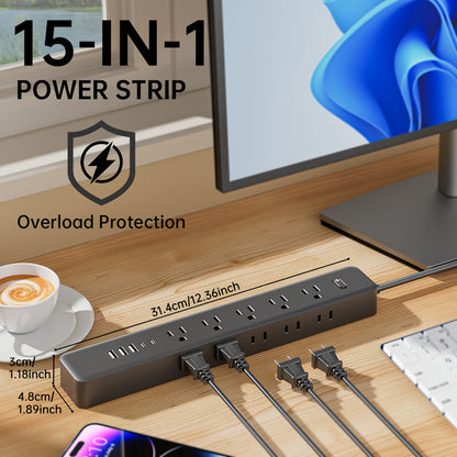 Wall Mount Power Strip 15-in-1 Slim Long Strip, 10 AC Outlets & 5 USB Ports (3 USB-A + 2 USB-C), Surge Protection Overload Protection, Multi-Function Power Outlet for Office Home Travel – Space-Saving Design