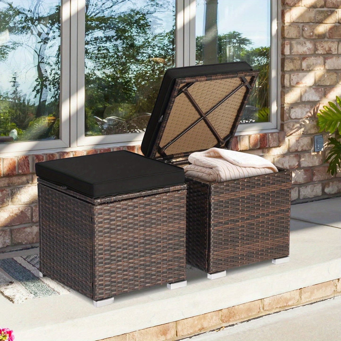 Two-Piece Outdoor Wicker Ottoman Set with Hidden Storage, Detachable Cushions and Six Color Options