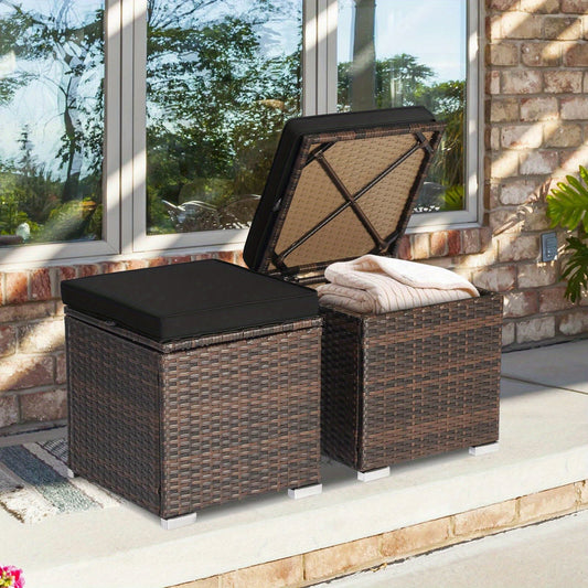 Outdoor Wicker Ottoman Set of 2 with Hidden Storage – PE Wicker Footstools with Detachable Cushions, Side Table & Extra Seating for Patio, Garden & Poolside