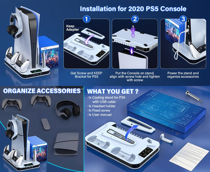 Black Console Cooling Stand Compatible with PS5, Slim and Pro Models, Three Fan Speeds and Dual Controller Dock