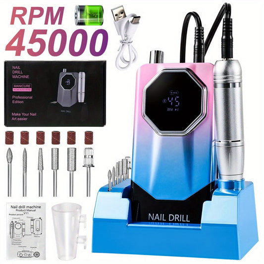 Electric Nail Drill 45000 RPM USB Rechargeable Kit with LCD, Forward Reverse and Three Finishes