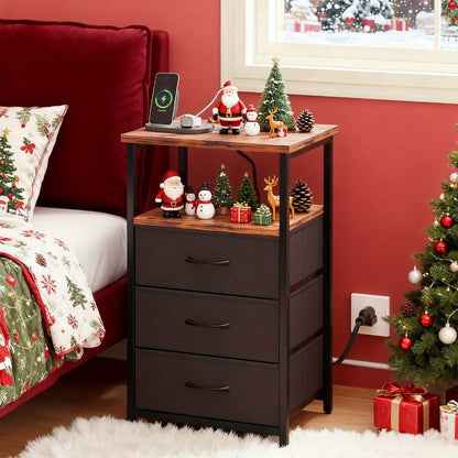 Nightstand Three Fabric Drawers with Charging Station, Open Shelf and Optional LED Configuration