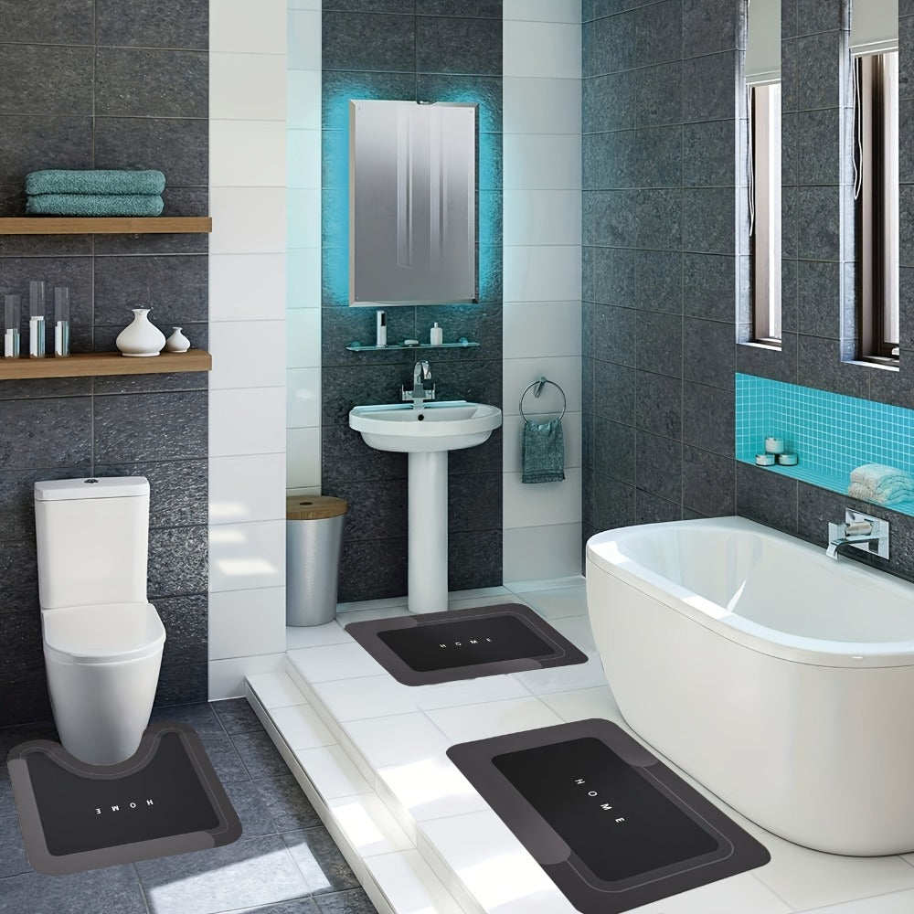 Three-Piece Bathroom Mat Set in Blue, Coffee or Gray with Toilet and Shower-Area Rug Pieces