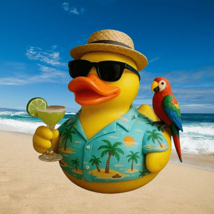 Beach-Style Duck Tabletop Figurine with Sunglasses, Straw Hat, Parrot and Tropical Shirt Details