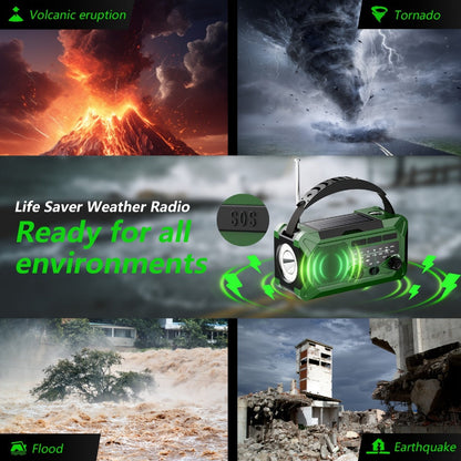 10000mAh AM/FM Emergency Radio with Solar Panel, Hand Crank, Reading Light and Yellow or Green Case