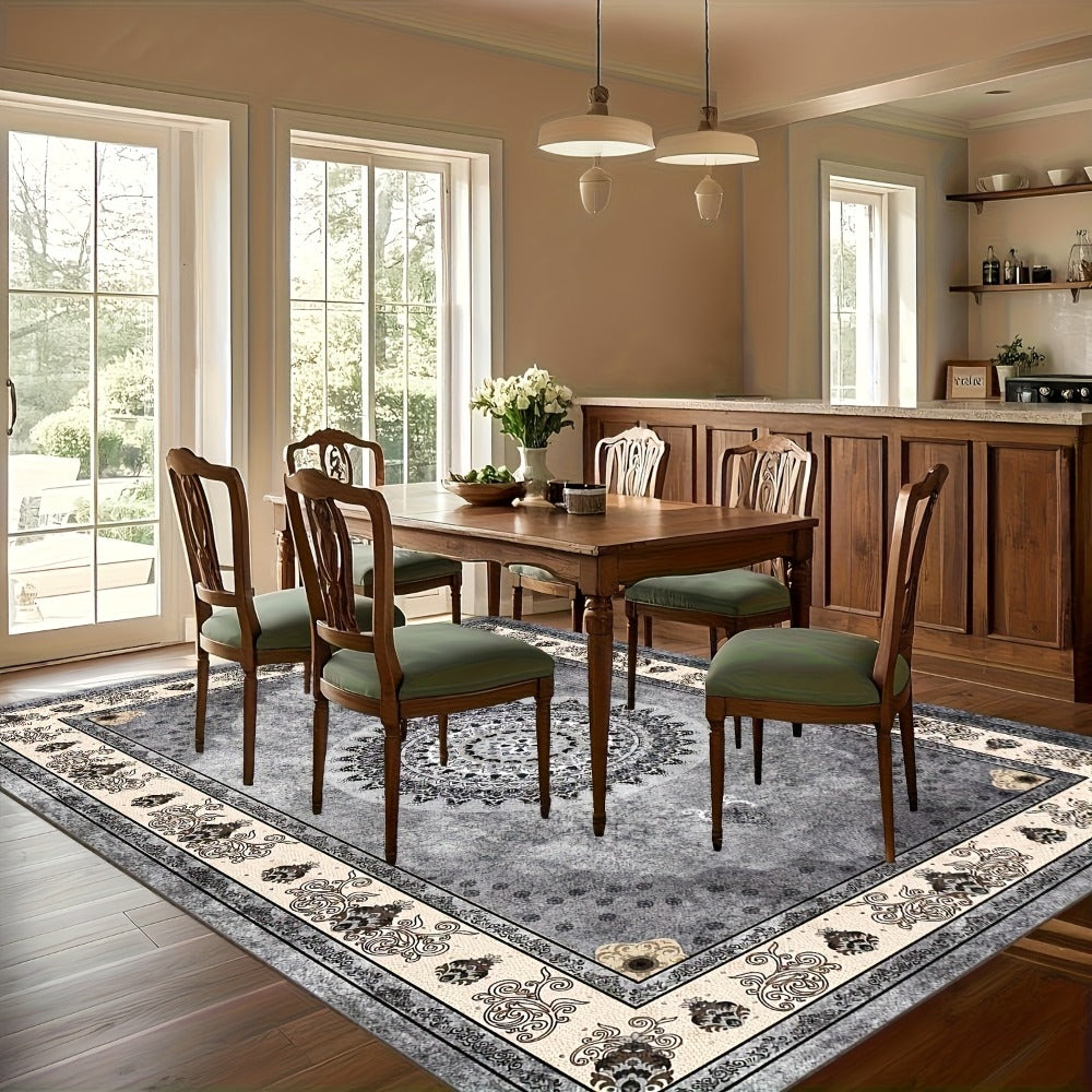 Area Rug Bohemian Persian Velvet Floral Design in Six Machine-Washable Sizes for Living Spaces