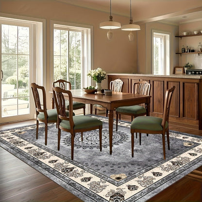 Area Rug Bohemian Persian Velvet Floral Design in Six Machine-Washable Sizes for Living Spaces