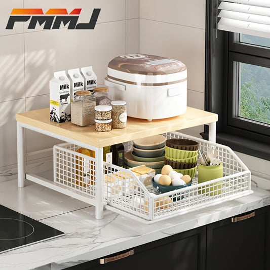 2-Tier Kitchen Countertop Organizer with Drawer & Wire Basket – Hardwood & Metal Storage Shelf for Coffee Maker, Utensils & Spices