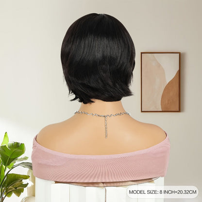 8-Inch Curly Pixie Bob Human Hair Wig in Black with Bangs, 150% Density and Machine-Made Cap