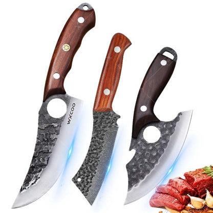 Viking Chef Knife Set 3/4pcs Hammered Stainless Steel Kitchen Knives – Boning, Utility & BBQ Knife with Wooden Handle for Cooking, Camping & Outdoor