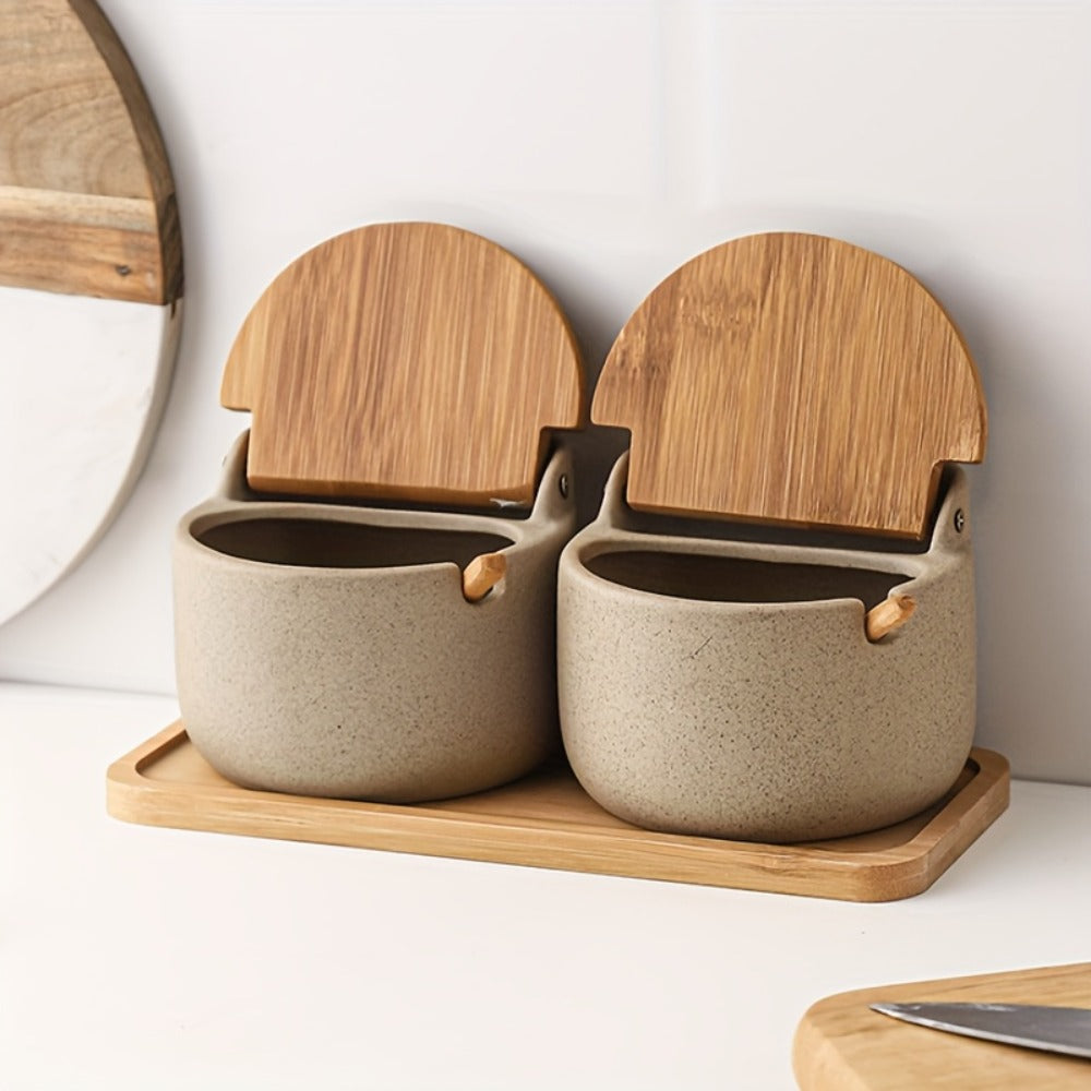 Ceramic-Style Seasoning Pot Set with Lids, Spoons and Tray in One-, Two- or Three-Piece Configurations