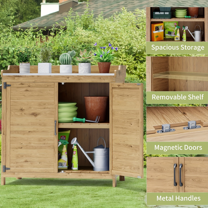 Wood Garden Potting Cabinet with Galvanized Metal Worktop, Double Doors and Removable Interior Shelf