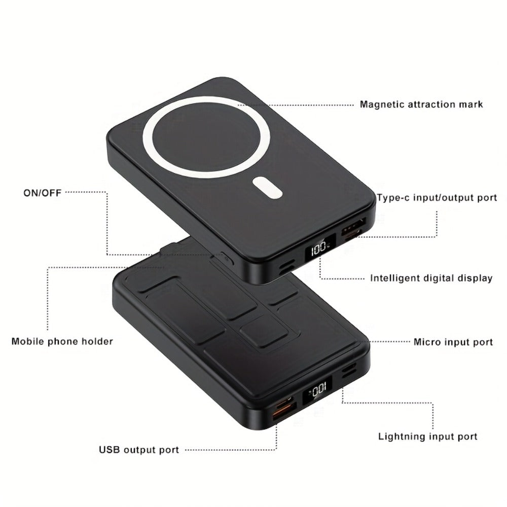 10000mAh Magnetic Power Bank with Folding Kickstand, Percentage Display and Multiple Charging Ports