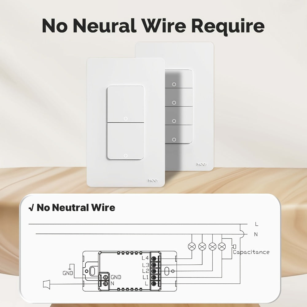 White No-Neutral WiFi Wall Switch Two-Pack with One-, Two-, Three- or Four-Gang Mechanical Button Options