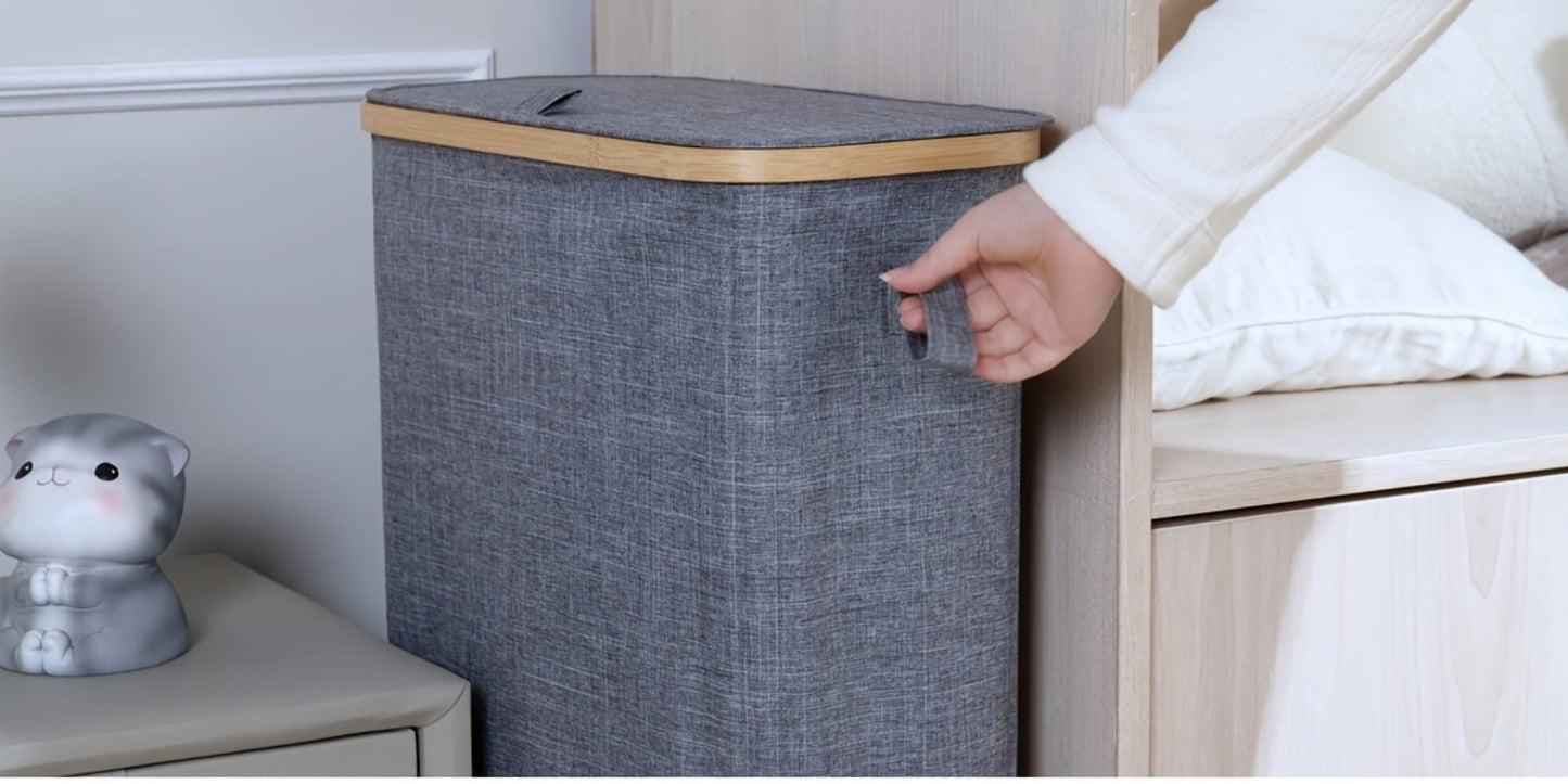 Slim Laundry Hamper with Lid & Removable Bag – Foldable Narrow Clothes Basket with Bamboo Handles for Bathroom, Bedroom & Dorm – 50L / 65L / 75L Space-Saving Collapsible Laundry Bin