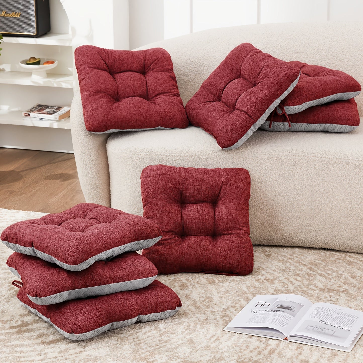 Tufted Chair Cushion Sets in 4- or 8-Piece Options with M/L Sizes, Tie Straps and 12 Color Choices