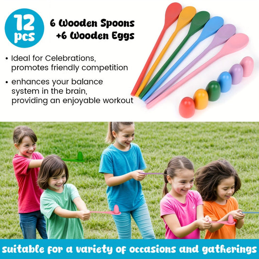 Egg Spoon Race Game Set 12pcs – Wooden Egg & Spoon Balance Relay Race Outdoor Lawn Game for Kids, Easter, Birthday Party, Carnival, School Activity